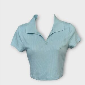 NWT Aeropostale Junior's Blue Ribbed Crop Polo Top ~sz M